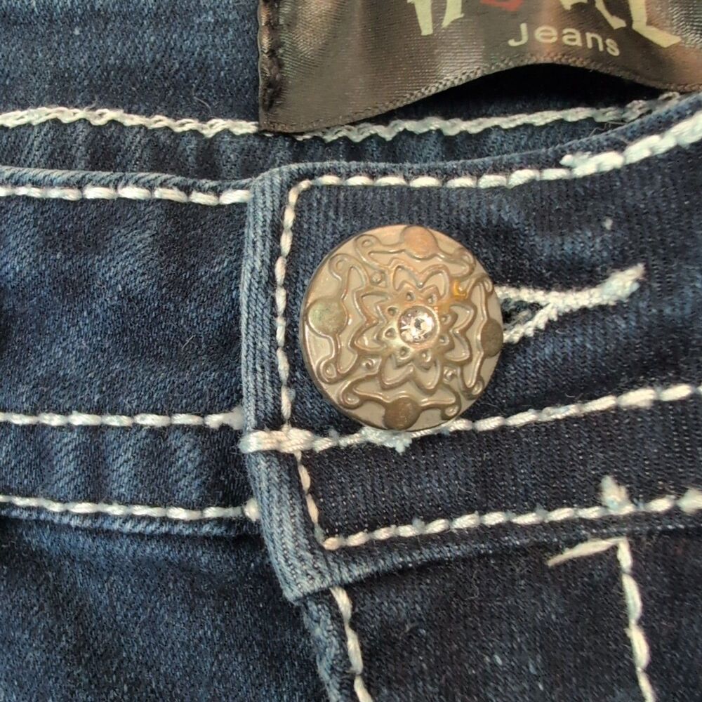 Rebel Jeans Women's 9/27 Distressed Jewel Flower Detail Wide Leg Mid Rise Dark - Picture 3 of 15